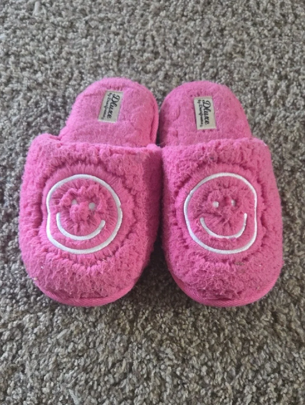 Kids Plush Pink Slide Slippers with Embroidered Rainbow